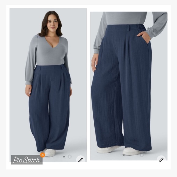 Halara High Waist Side Pocket Wide Leg Linen Feel Pants Blue - Picture 2 of 11